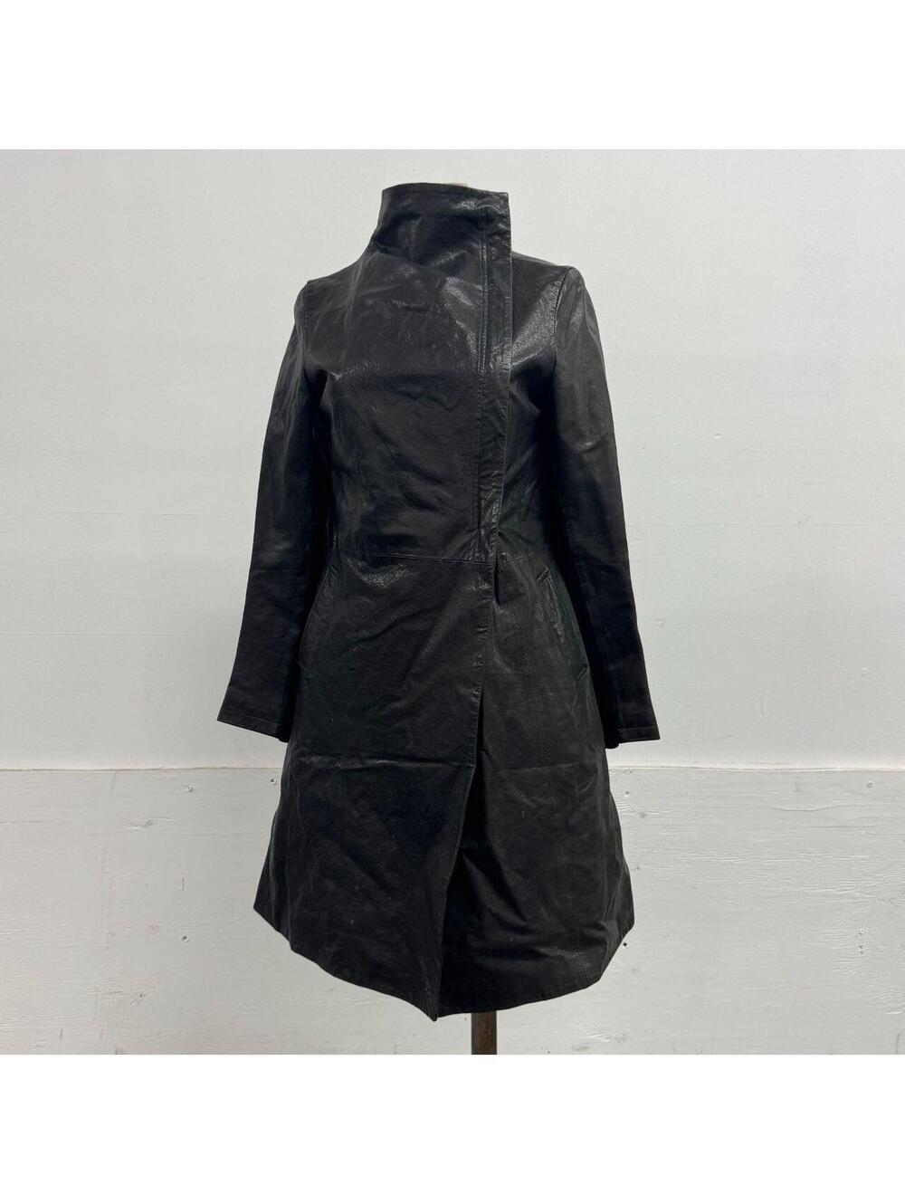Italian Vintage Black Funnel Neck Avant Garde Trench Leather Jacket